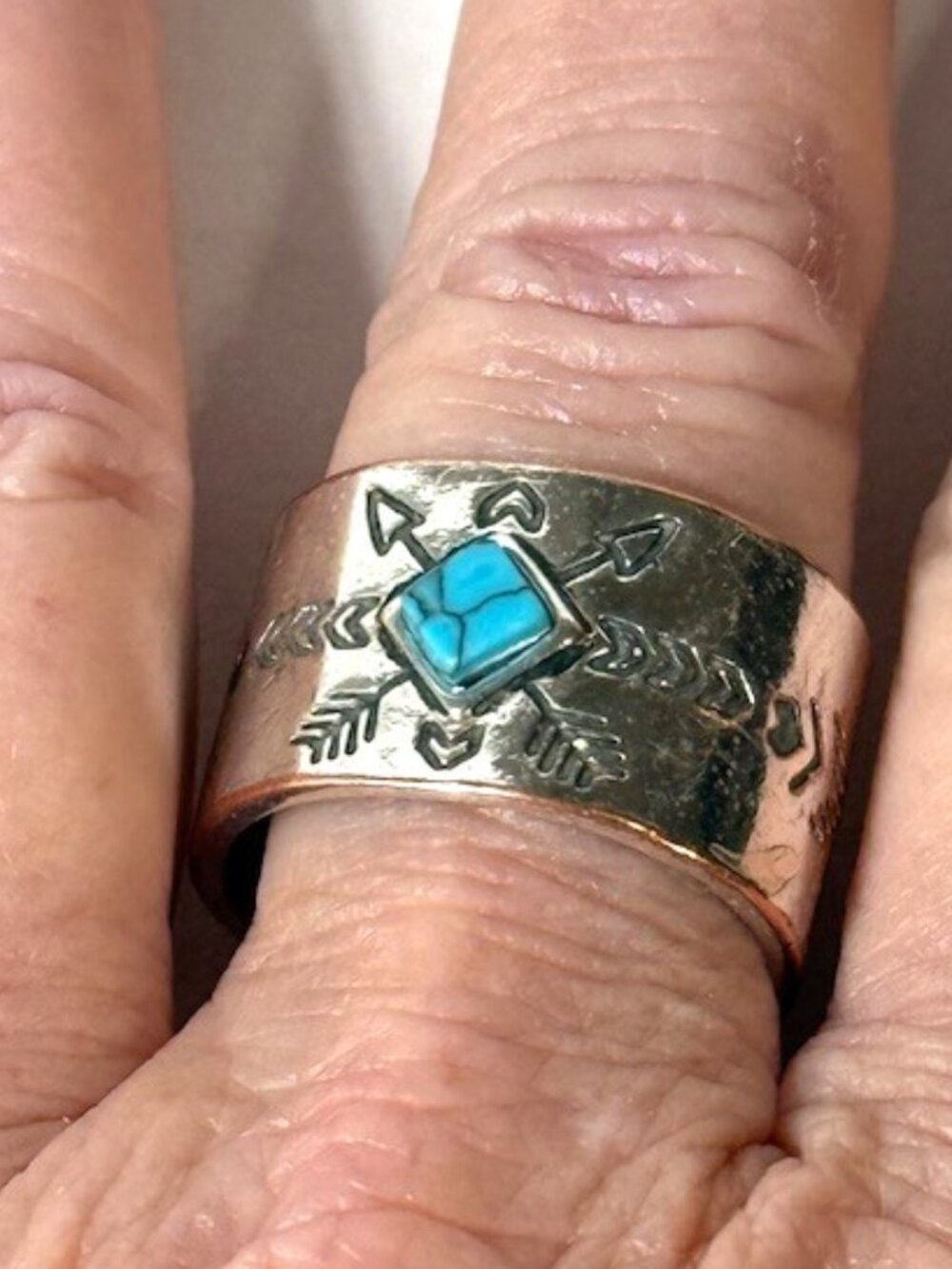 Alpaca silver and turquoise etched cuff ring.